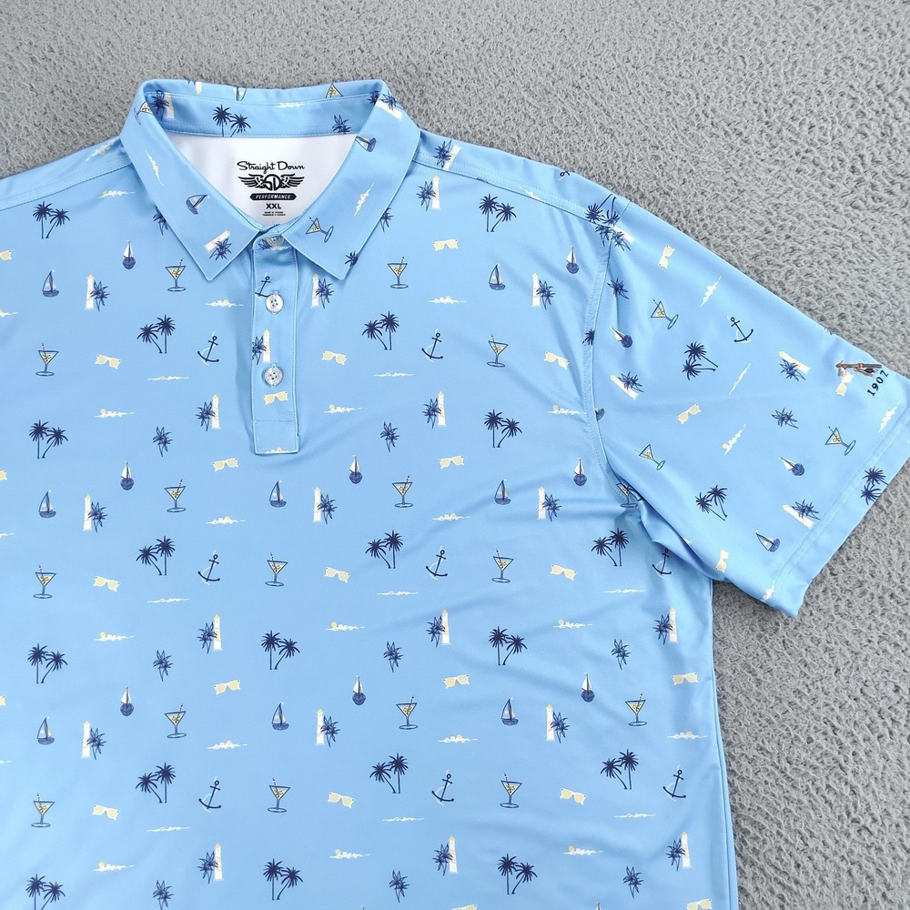 Straight Down Polo Shirt Mens 2XL Blue Performance Golf Tropical Nautical Print